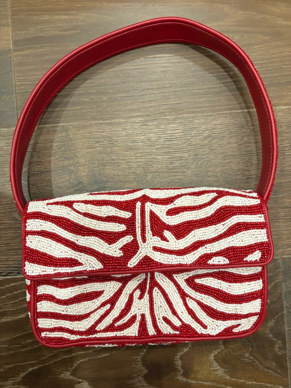 STAUD Red and White Beaded Shoulder Bag with Zebra Motif - Picture 6 of 6